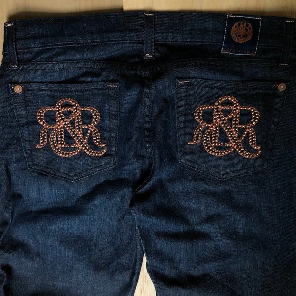 ROCK & REPUBLIC FLARE Women’s Rhinestone Pocket Dark Wash Denim Jeans sz 28 - Picture 5 of 9